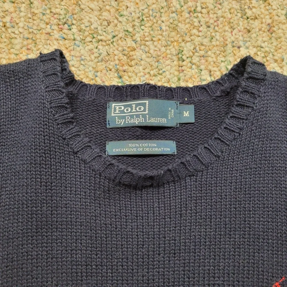 Polo Ralph Lauren Sweater Mens Medium Blue Knit Heavy Fisherman Cotton Pony Prep